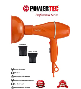 Powertec TR-501+Renkli Hacimlendirici Difüzör Başlıklı Profesyonel Saç Kurutma ve Fön Makinesi Turuncu Renk