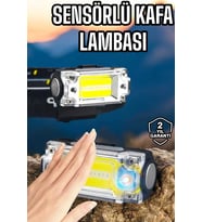 Beyaz Led Işık Sensörlü Kafa Lambası Lityum Batarya Led El Fenerli Şarjlı