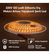 220V 120 LED Dış Mekan Şerit LED Amber Işık Arkası Yapışkanlı Suya Dayanıklı Dekoratif Aydınlatma