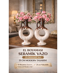 El Boyaması Seramik Vazo 2’li Set 31 cm – Modern Dekoratif Salon Vazosu  Lüks Ev Dekoru Çiçeklik (Kahverengi-Beyaz)