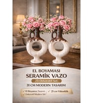 El Boyaması Seramik Vazo 2’li Set 31 cm – Modern Dekoratif Salon Vazosu  Lüks Ev Dekoru Çiçeklik (Kahverengi-Beyaz)