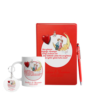 Sevgililer Gününe Özel Kırmızı Defter Kalem Kupa & Süblimasyon Anahtarlık Hediye Seti 22