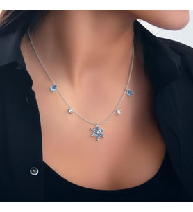 Beşli Aqua Taşlı Lotus Çiçeği Beyaz Gümüş Kolye
