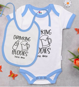 BK Kids Kişiye Özel Drinking Buddies Tasarımlı Mavi Bebek Body Zıbın ve Mama Önlüğü Hediye Seti-1