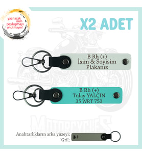 Motor Severlere, İsim Plaka ve B Rh (+) Kan Grubu Yazılı x2 Anahtarlık, Hediyelik, Beyaz-Turkuaz-Gr
