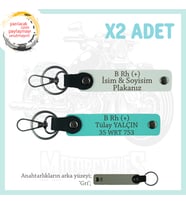 Motor Severlere, İsim Plaka ve B Rh (+) Kan Grubu Yazılı x2 Anahtarlık, Hediyelik, Beyaz-Turkuaz-Gr