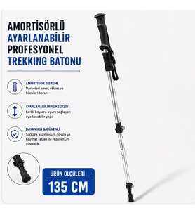 Amortisörlü Ayarlanabilir Profesyonel Trekking Batonu 135 Cm Kaymaz Taban Ergonomik Tutma Saplı