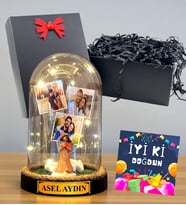 Sizlere Özel 3 Fotoğraflı Yazılı Led Işıklı Fanus - Doğum Günü Hediyesi İyi Ki Doğdun (Model 9)