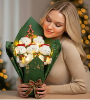 Sevgiliye Hediye LED Işıklı Kırmızı Yılbaşı Ağacı Süslü Işıltılı Yılbaşı Hediyesi Noel Şapkalı 5'li Peluş Ayıcık Buketi (Yeşil)