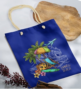 BK Gift Yaz Temalı Saks Mavi Halat Saplı Kumaş Plaj Çantası -3, Baskılı Omuz Çantası, Alışveriş Çantası, Arkadaşa Hediye, Sevgiliye Hediye