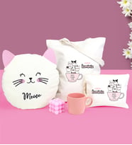 Kişiye Özel Bez Çanta & Bez Kol Çantası & Kupa & Bubble Mum & Kedi Peluş Yastık Hediye Seti