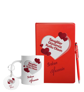 Sevgililer Gününe Özel Kırmızı Defter Kalem Kupa & Süblimasyon Anahtarlık Hediye Seti 4