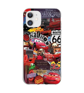 Iphone 11 Uyumlu Şimşek McQueen Kolaj Tasarımlı Şeffaf Telefon Kılıfı