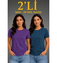 Basic Bisiklet Yaka Yazlık Slim Fit T-Shirt - Mor - Petrol Mavisi