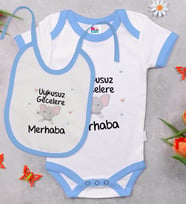 BK Kids Uykusuz Gecelere Merhaba Tasarımlı Mavi Bebek Body Zıbın ve Mama Önlüğü Hediye Seti-1