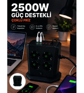 Çoklu Priz 8 Çıkışlı 4 Usb 2 Type-c Anahtarlı Dikey Priz Kulesi