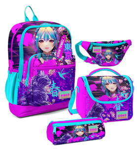Coral High Kız Çocuk Mor Pembe Anime Kedi Desenli İlkokul Okul Çanta Seti ve Bel Çantası (Çok Renkli)