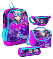 Coral High Kız Çocuk Mor Pembe Anime Kedi Desenli İlkokul Okul Çanta Seti ve Bel Çantası (Çok Renkli)
