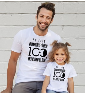 BK Gift 29 Ekim Tasarımlı 2’li Baba-Kız Beyaz Tişört-10, 29 Ekim Hediyesi, Trend Tişört, 100.Yıl Hediyesi