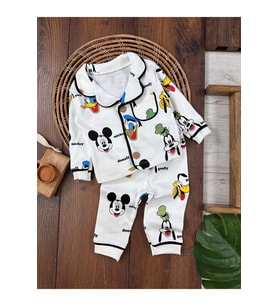 VaVbaby %100 Pamuk Kruvaze Yaka Önden Düğmeli Mickey&Friends Mevsimlik Bebek Pijama Takım