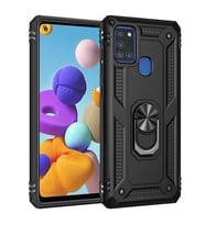 Samsung Galaxy A21S Uyumlu Kılıf Standlı Manyetik Yüzüklü Military Magnetic Ring Polycarbonate and TPU Case (Siyah)