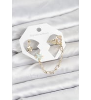 Yıldız Model Pirinç Gold Renk Zincir Bağlantılı Ear Cuff Küpe Seti - TJ-BKP11545