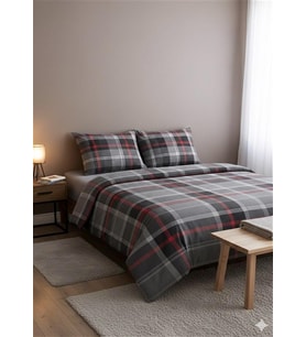 More Home Tek  Kişilik Yorgan Kılıfı + Yastık Kılıfı   Ekose Desen Gri Kırmızı Çizgili