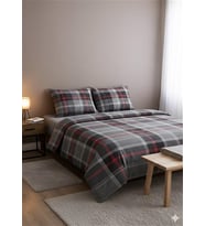 More Home Tek  Kişilik Yorgan Kılıfı + Yastık Kılıfı   Ekose Desen Gri Kırmızı Çizgili