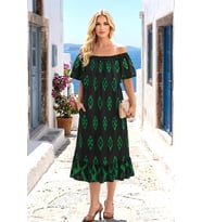 Yeşil Otantik Desenli Madonna Yaka Elbise