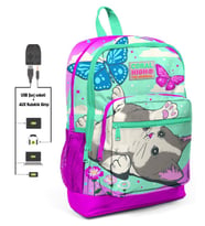 Coral High Pembe-Yeşil Sevimli Kedi Baskılı İlkokul ve Günlük Sırt Çantası - Kız Çocuk - USB ve AUX Soketli