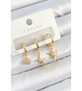 Pirinç Zirkon Taşlı Yıldız Model Gold Renk 3'lü Çift Kadın Küpe Set
