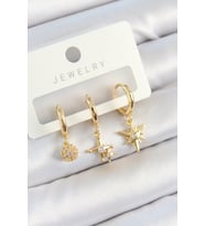 Pirinç Zirkon Taşlı Yıldız Model Gold Renk 3'lü Çift Kadın Küpe Set