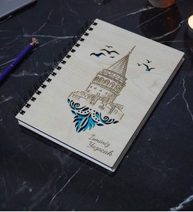 Kişiye Özel Galata Kulesi Desenli Ahşap Kapaklı Defter - Ajanda - İsme Özel - A5 60 Yaprak (120 SAYFA) Hediyelik (Mavi)