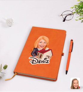 BK Gift Kişiye Özel Kadın Emlakçı Karikatürlü Turuncu Termo Deri Defter Kalem Seti Model 1