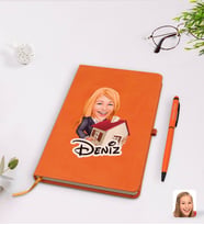 BK Gift Kişiye Özel Kadın Emlakçı Karikatürlü Turuncu Termo Deri Defter Kalem Seti Model 1