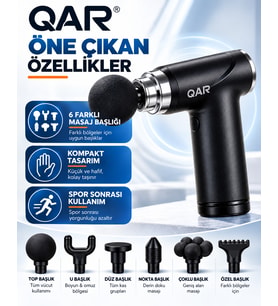 QAR Masaj Tabancası 6 Başlıklı Derin Doku Kas Masaj Aleti Sessiz Çalışan Şarjlı Taşınabilir Sporcu Masaj Cihazı Siyah