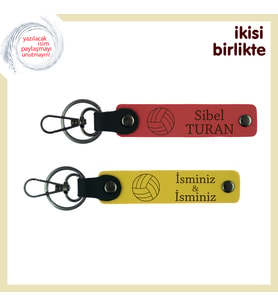 Maç Sonrası Anlamlı Hatıra, İsimli Voleybol Temalı Deri Anahtarlık Seti x2, Nar Çiçeği-Sarı