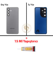 Samsung Galaxy S24 Gri Renk Lensli Arka Kapak + B7000 Yapıştırıcı Arka Cam Batarya Kapağı Pil Kapağı Lazer Kesim Back Cover Galaxy S24 Uyumlu