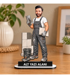 Kişiye Özel Fayans Ustası Karikatürlü 18 cm MDF Masaüstü Biblo - Ustası Hediyesi Yeni İş ve Meslek Hediyesi