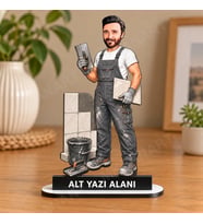 Kişiye Özel Fayans Ustası Karikatürlü 18 cm MDF Masaüstü Biblo - Ustası Hediyesi Yeni İş ve Meslek Hediyesi
