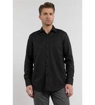 Siyah Kendinden Desenli Sert Yaka Uzun Kol Cepli Comfort Fit Pamuklu Gömlek 1004255206