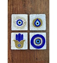 Baskılı Doğal Taş Bardak Altlığı 4'lü Set 10x10x1 Cm Nazar Boncuğu Desenli