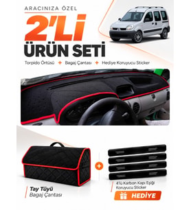 RENAULT KANGOO 2 AİRBAGSİZ (2004-2008) Uyumlu Torpido Örtüsü + Tay Tüyü Bagaj Çantası Seti - Siyah Kırmızı