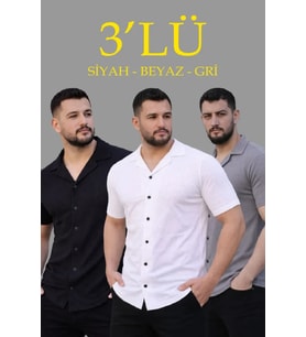 Erkek Waffle Dokuma Açık Yakalı Düğmeli Regular Kalıp 3’lü Gömlek Seti - Siyah, Beyaz, Gri