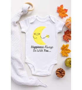 Unisex Bebek Beyaz Happiness Desenli Kısa Kol Body
