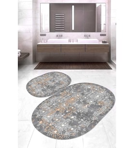 Dijital Baskılı Kaymaz Taban Yıkanabilir Oval 2'li Klozet Takımı Banyo Paspası NOKZ-HY-945 (Gri)