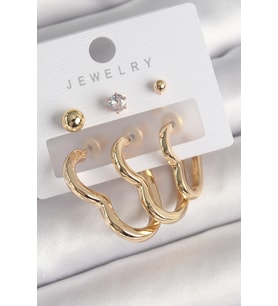 Pirinç Gold Renk Kalp Model Zirkon Taşlı Topçuk Detay Kadın Küpe Seti 5886 - HEP-8649-4384