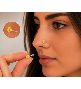 925 Ayar Gümüş Burun Hızması Sarı Çiçek Desenli Minimal Nose Stud Kadın Erkek Unisex 8 mm