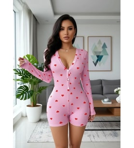 Mulvxbrf Brf02 Kadın Pembe Kalp Desenli Zarif Pijama Tulumu Özel Tasarım (Mulvix)