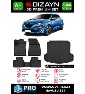 S-Dizayn Renault Megane 4 Sedan 3D Pro Havuzlu Paspas ve Çift Kulak Bagaj Havuzu Seti (2'li SET) 2016-2021 A+ Kalite